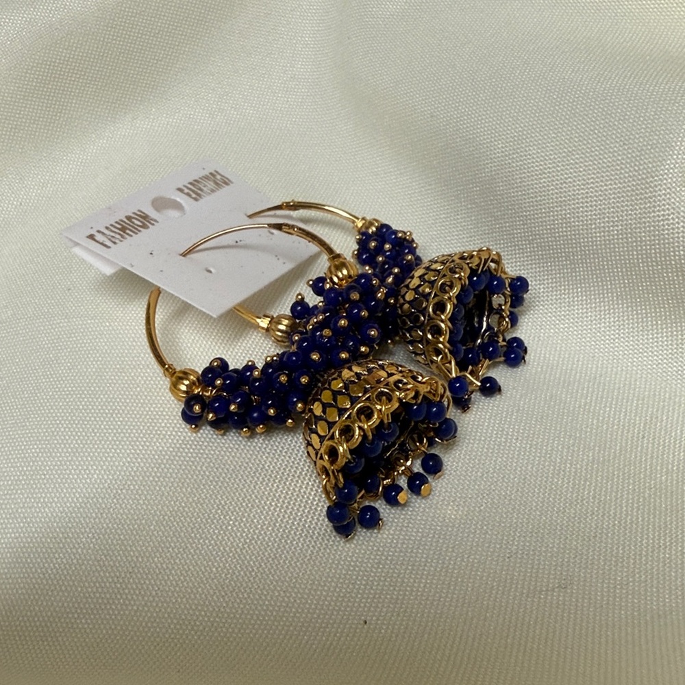 Indian Pakistani ethnic jhumki threader style earrings in blue color #809 - Picture 4 of 4